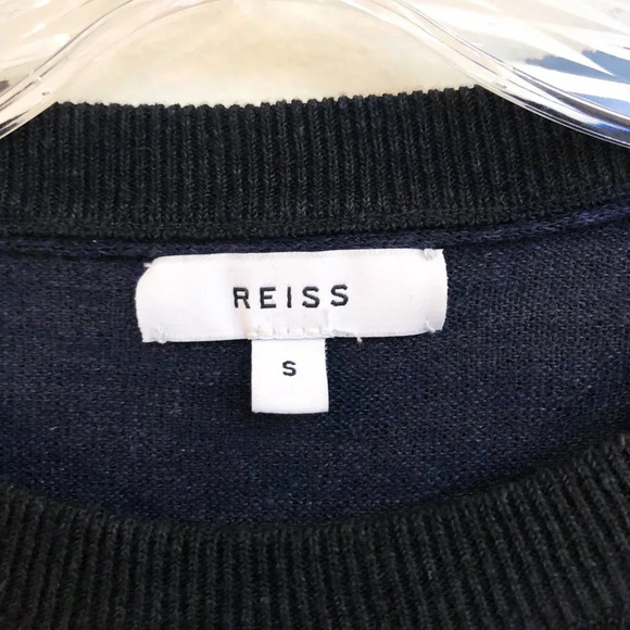 Reiss Navy Linen Blend Floral Embroidered Short Sleeve Designer Knit Top Small - Picture 6 of 9